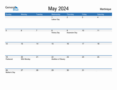 Current month calendar with Martinique holidays for May 2024