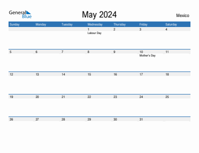 Current month calendar with Mexico holidays for May 2024