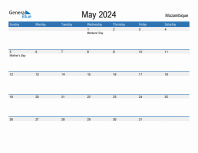Current month calendar with Mozambique holidays for May 2024