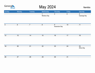 Current month calendar with Namibia holidays for May 2024