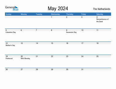 Current month calendar with The Netherlands holidays for May 2024