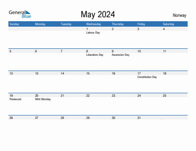 Current month calendar with Norway holidays for May 2024