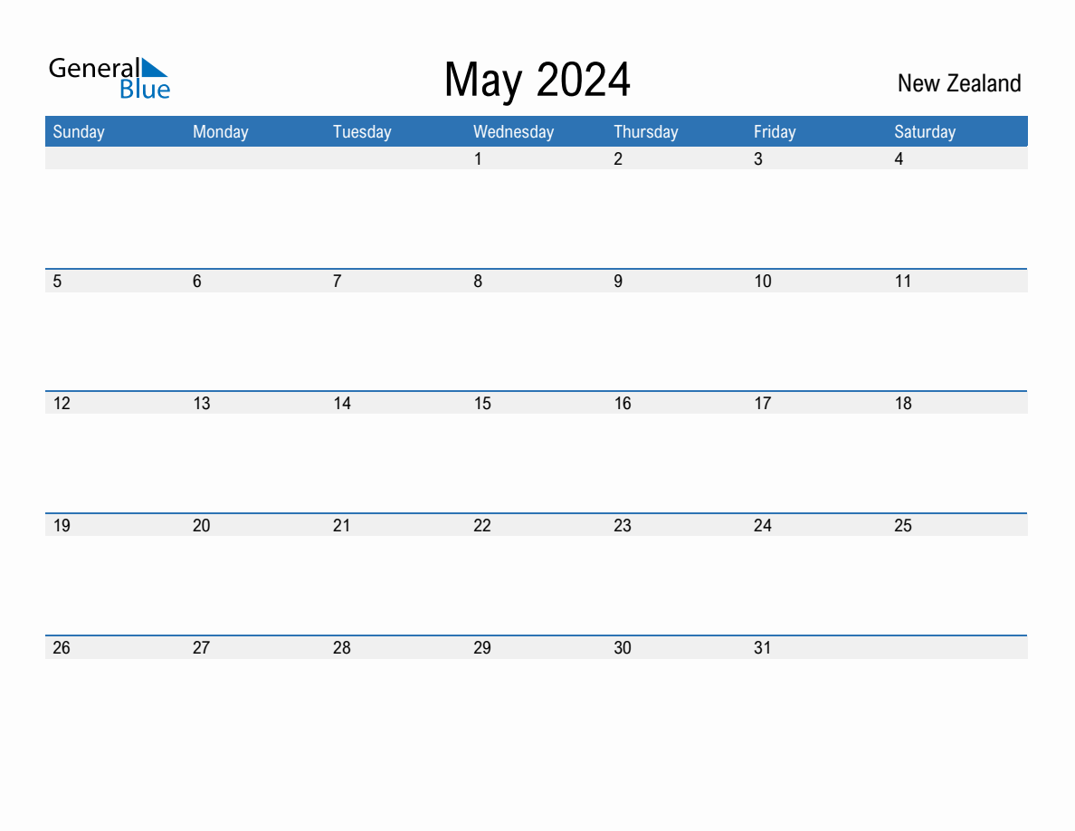 May 2024 Monthly Calendar with New Zealand Holidays