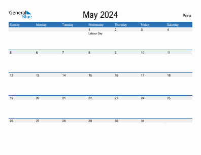 Current month calendar with Peru holidays for May 2024