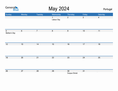 Current month calendar with Portugal holidays for May 2024