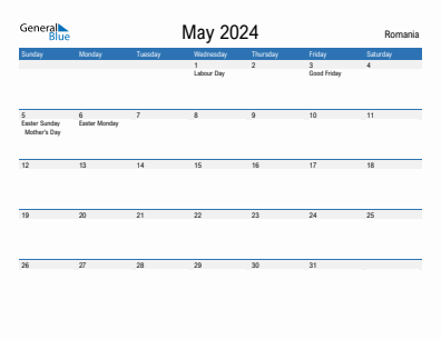 Current month calendar with Romania holidays for May 2024