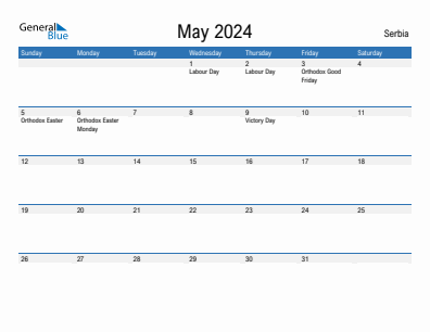Current month calendar with Serbia holidays for May 2024