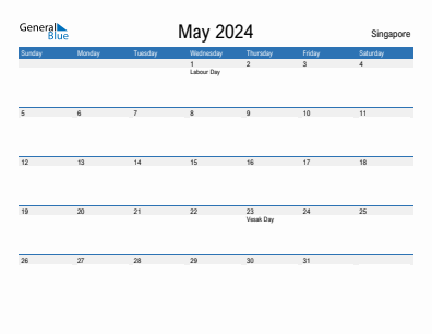 Current month calendar with Singapore holidays for May 2024