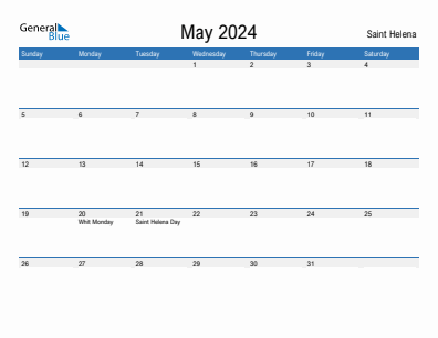 Current month calendar with Saint Helena holidays for May 2024