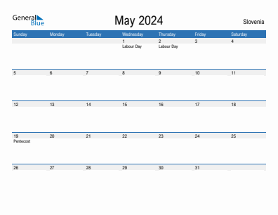 Current month calendar with Slovenia holidays for May 2024
