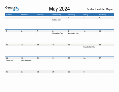 Current month calendar with Svalbard and Jan Mayen holidays for May 2024