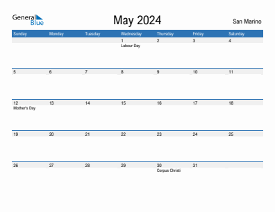 Current month calendar with San Marino holidays for May 2024