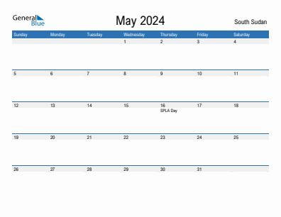 Current month calendar with South Sudan holidays for May 2024