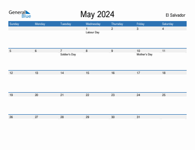 Current month calendar with El Salvador holidays for May 2024