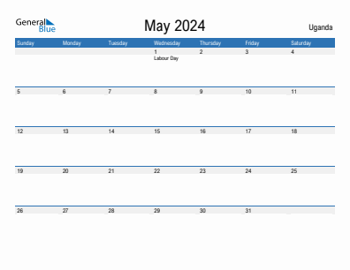 Current month calendar with Uganda holidays for May 2024