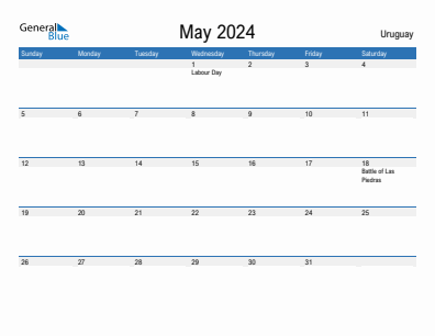 Current month calendar with Uruguay holidays for May 2024