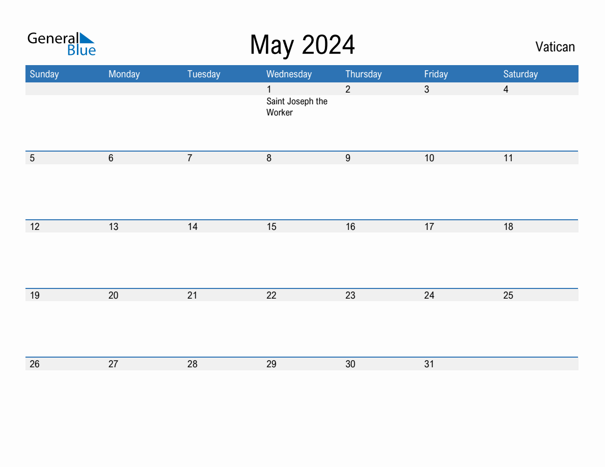 Editable May 2024 Calendar with Vatican Holidays