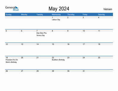 Current month calendar with Vietnam holidays for May 2024