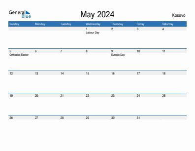 Current month calendar with Kosovo holidays for May 2024
