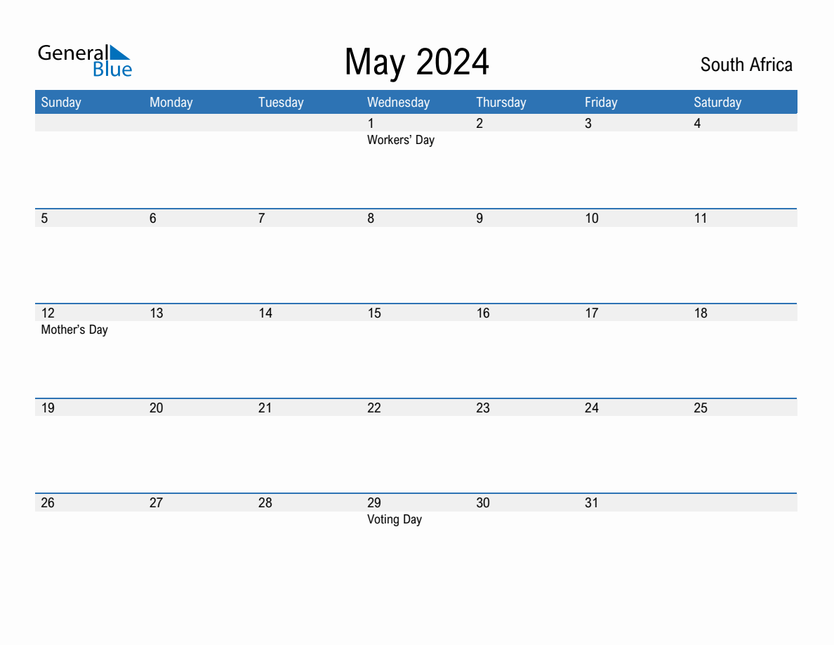 Editable May 2024 Calendar with South Africa Holidays