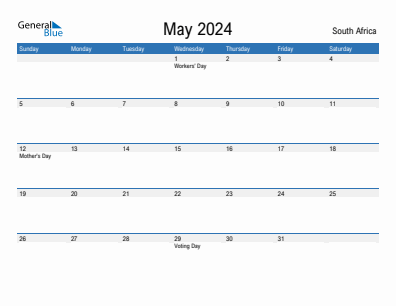 Current month calendar with South Africa holidays for May 2024