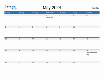 Current month calendar with Zambia holidays for May 2024