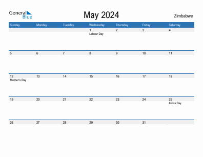 Current month calendar with Zimbabwe holidays for May 2024