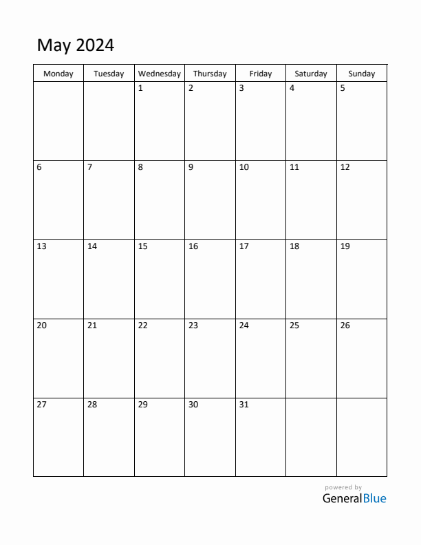 Monday Start Calendar for May 2024