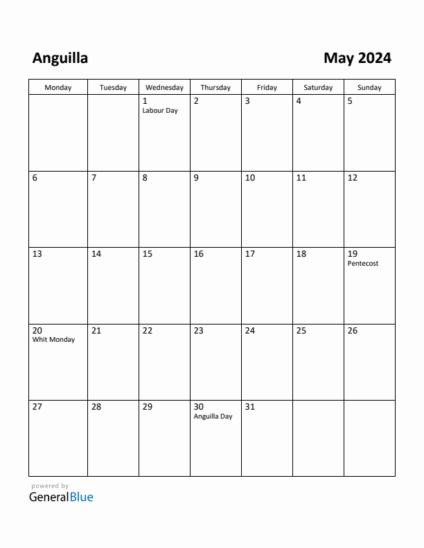 May 2024 Calendar with Anguilla Holidays