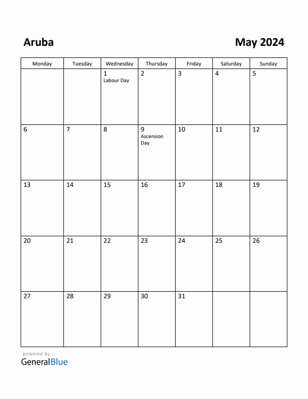 May 2024 Calendar with Aruba Holidays