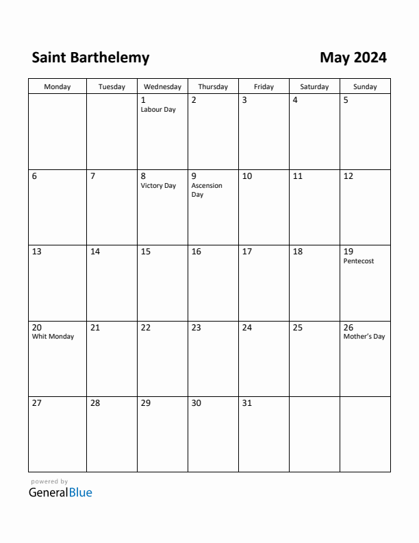 May 2024 Calendar with Saint Barthelemy Holidays