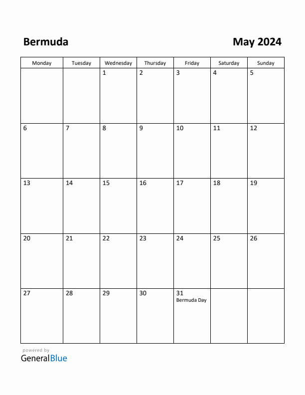 May 2024 Calendar with Bermuda Holidays