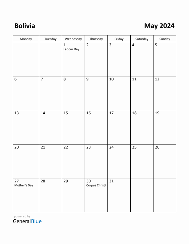 May 2024 Calendar with Bolivia Holidays