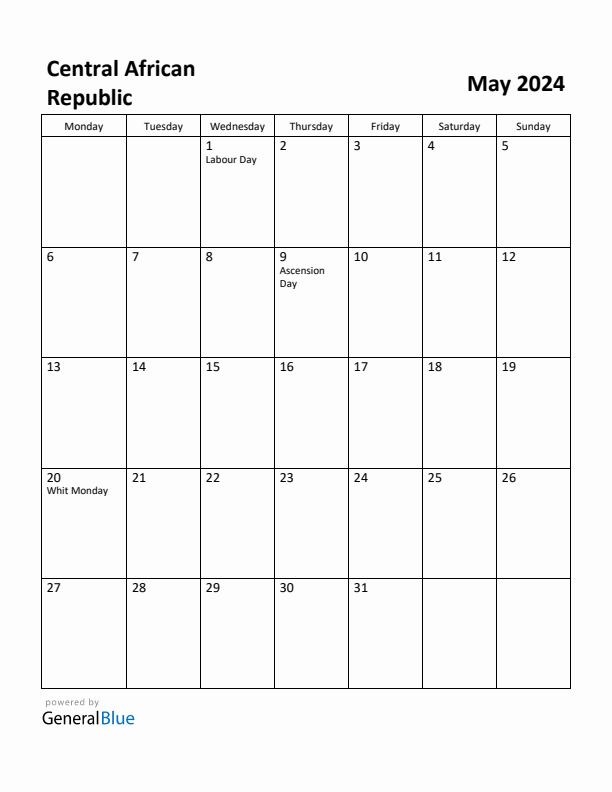 May 2024 Calendar with Central African Republic Holidays