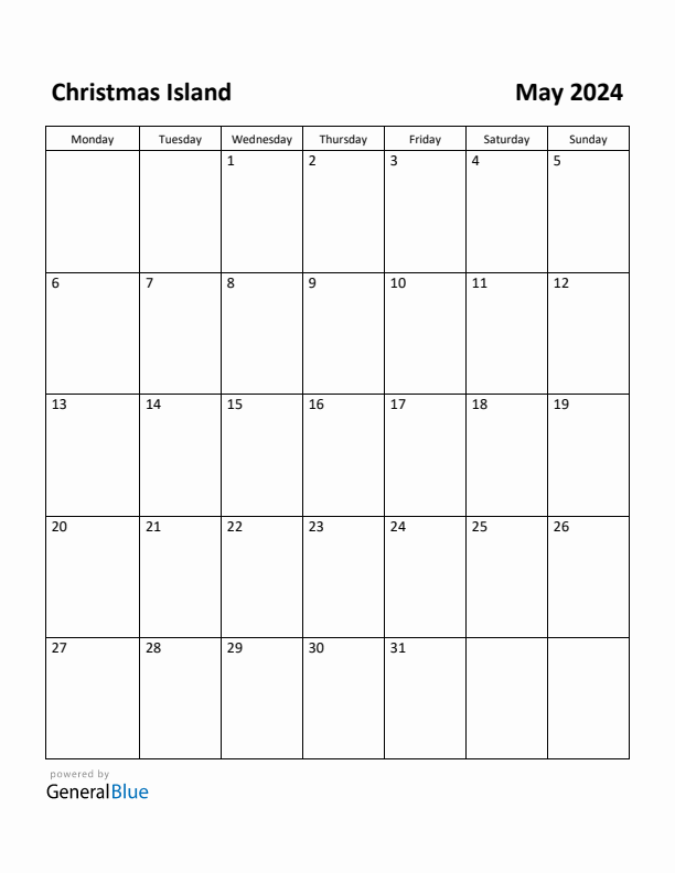 May 2024 Calendar with Christmas Island Holidays