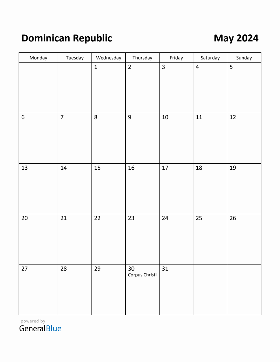 Free Printable May 2024 Calendar for Dominican Republic