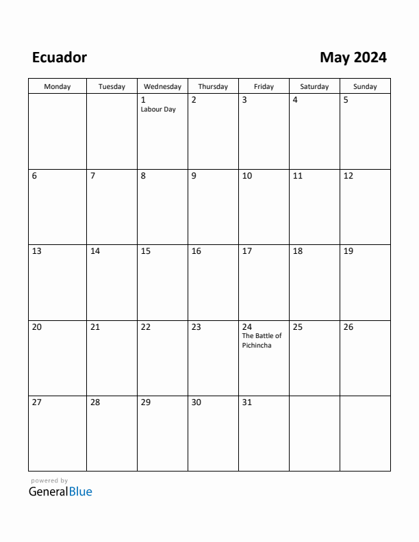 May 2024 Calendar with Ecuador Holidays