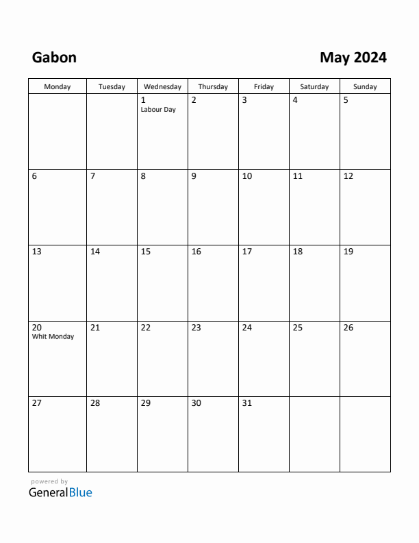 May 2024 Calendar with Gabon Holidays