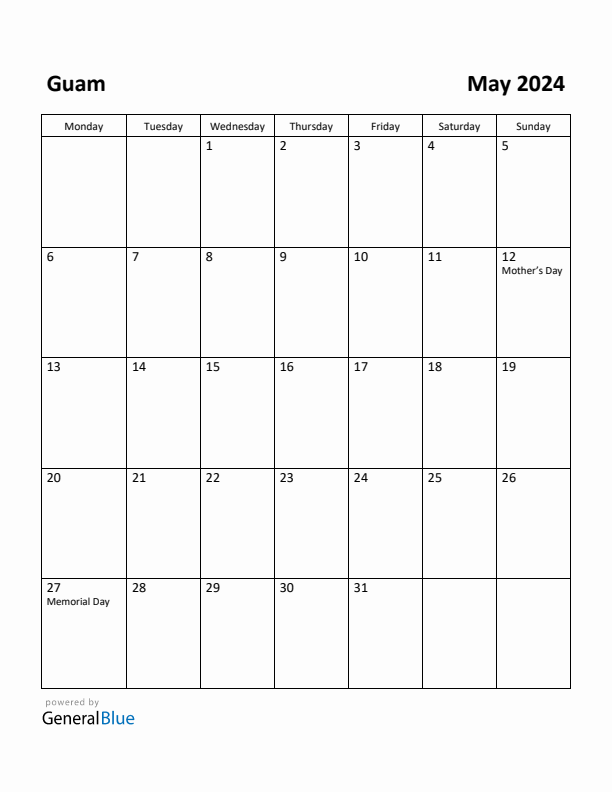 Free Printable May 2024 Calendar for Guam