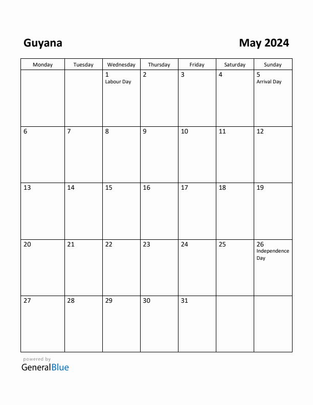 Free Printable May 2024 Calendar for Guyana