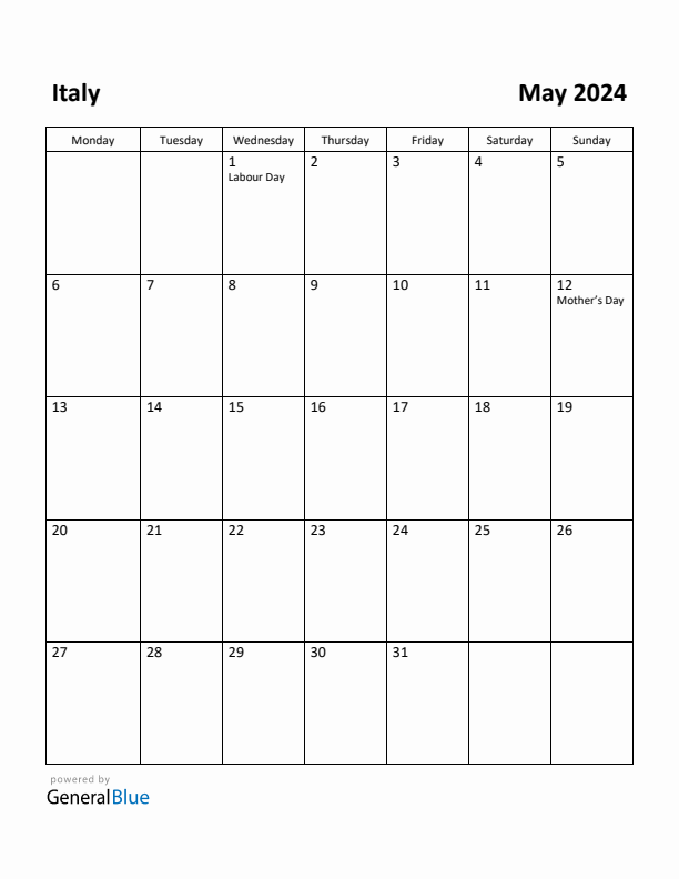 Free Printable May 2024 Calendar for Italy