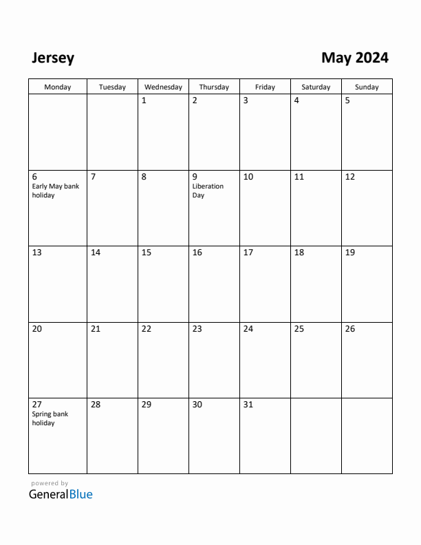 May 2024 Calendar with Jersey Holidays