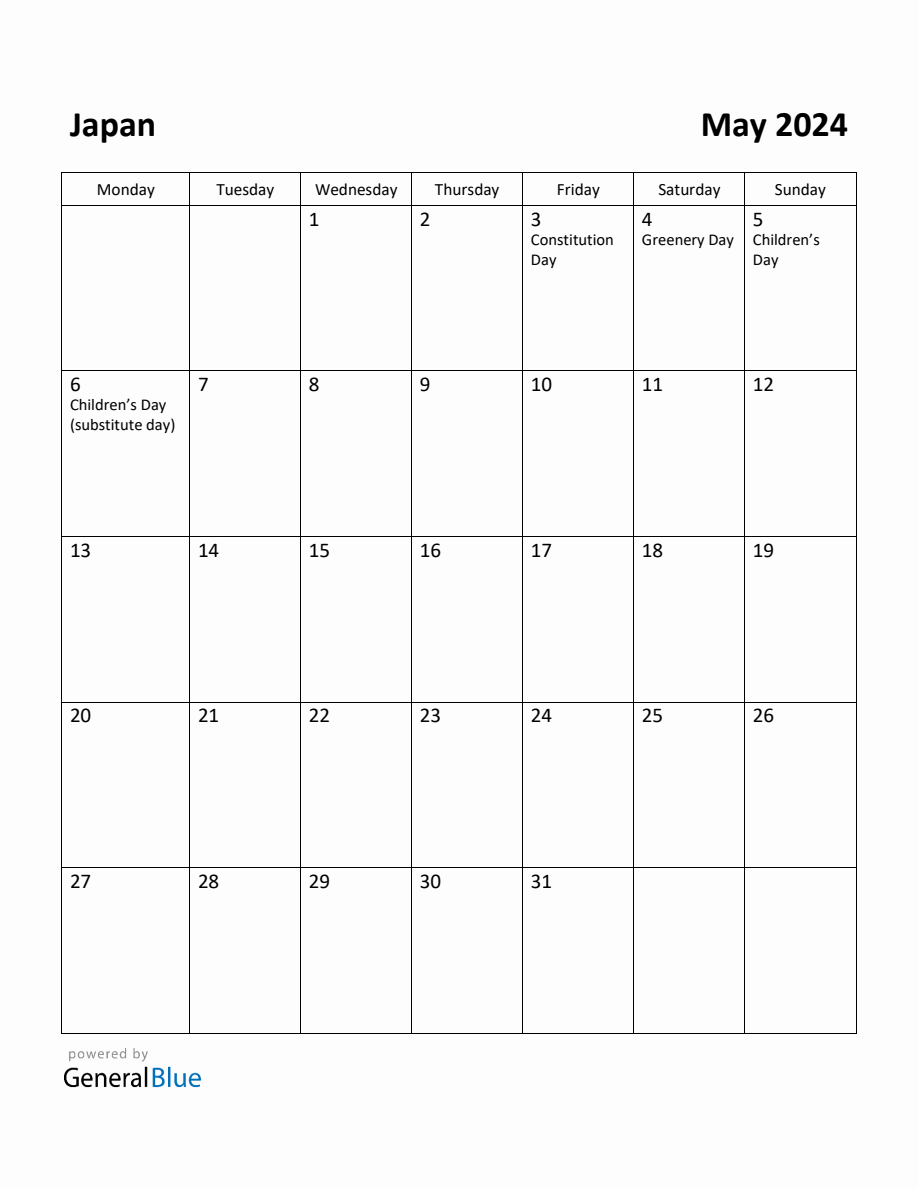 Free Printable May 2024 Calendar for Japan