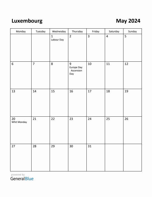 May 2024 Calendar with Luxembourg Holidays