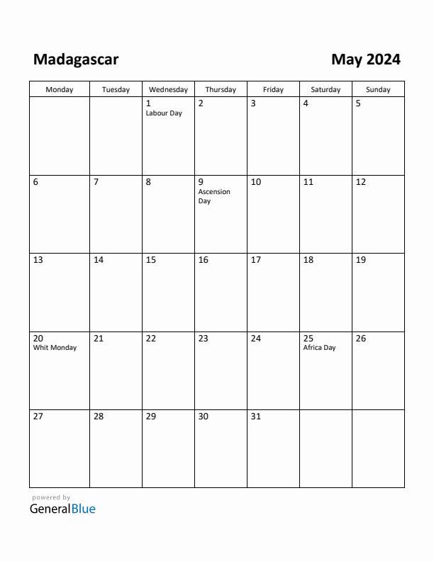 May 2024 Calendar with Madagascar Holidays