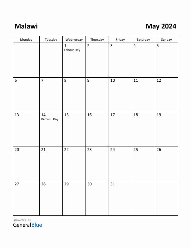 May 2024 Calendar with Malawi Holidays
