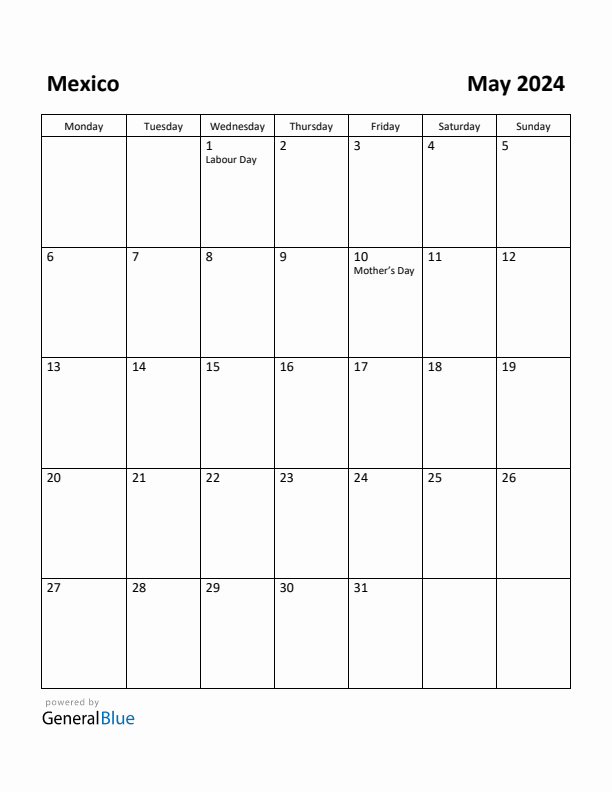 May 2024 Calendar with Mexico Holidays