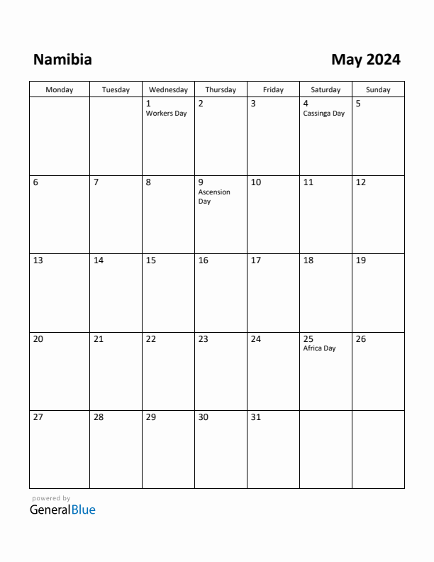 May 2024 Calendar with Namibia Holidays