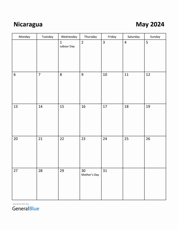 May 2024 Calendar with Nicaragua Holidays