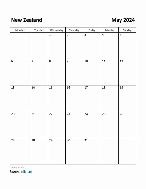 Free Printable May 2024 Calendar for New Zealand